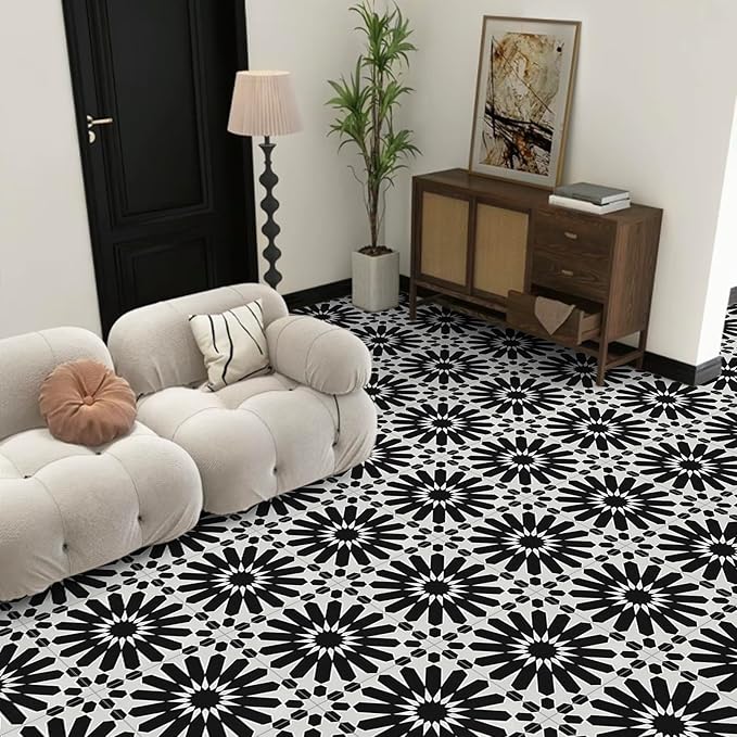 Elffloor Peel and Stick Floor Tile: 10pc 11.8 * 11.8in Self-Adhesive Waterproof Vinyl Flooring Black and White Tiles Sticker for Bathroom, Kitchen, Bedroom, Living Room