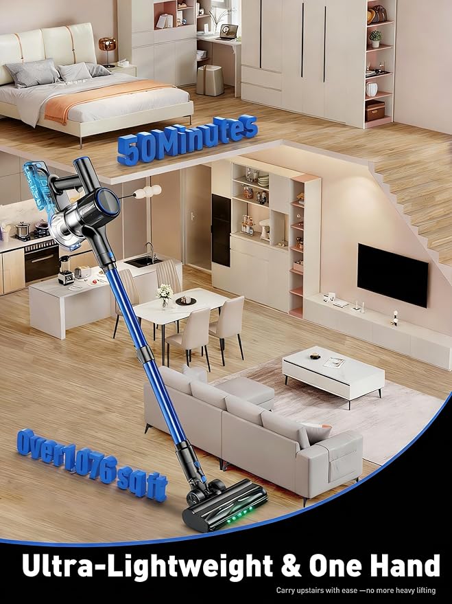 Cordless Vacuum Cleaner, 45000Pa/450W/50Mins Vacuum Cleaners for Home, 8-in-1 Stick Vacuum with LED Screen, Anti-Tangle, Lightweight Rechargeable Vacuum for Carpet Pet Hair Hardwood Floor Blue