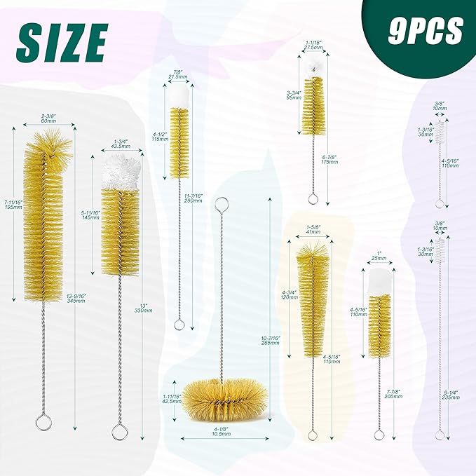 9-Pack Thin Long Handle Bottle Brushes, Stainless Steel Wire Cleaners with Boar Bristle & Wool Tip, Flexible Narrow Neck Cleaner for Wine Bottles, Tubes, Straws, Pipe, Hose & Decanter