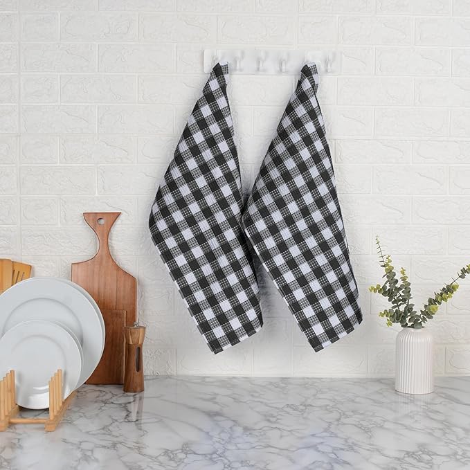 Blue Needles Waffle Weave Check Plaid Kitchen Towels, 15x25 Inches 100% Cotton Set of 4 Dish Towels for Kitchen, Ultra Soft & Absorbent for Quick Drying with Hanging Loop Spring Summer - Black & White