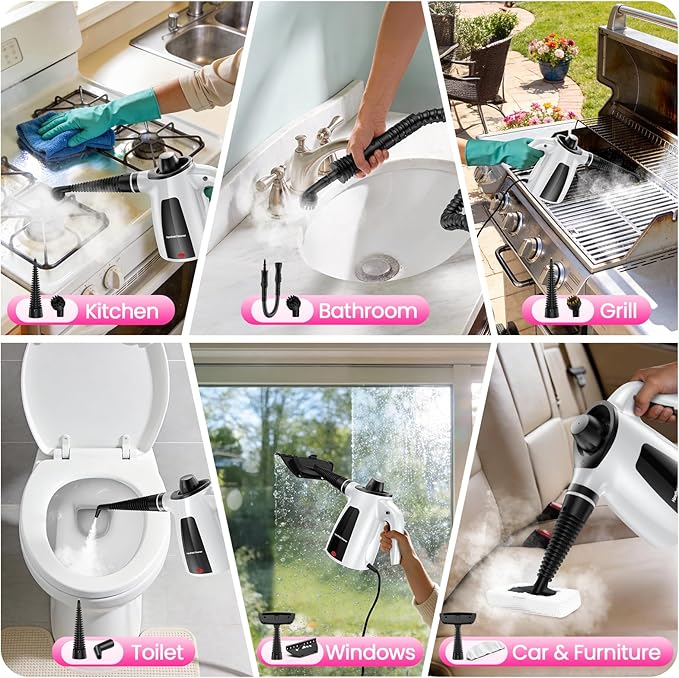 LABIGO Steam Cleaner, Pressurized Handheld Multi-Surface Natural Steam Cleaner with 12pcs Accessory & Safety Lock, Portable Steamer for Cleaning Home, Kitchen, Bathroom, Car, Upholstery, Grout, Window