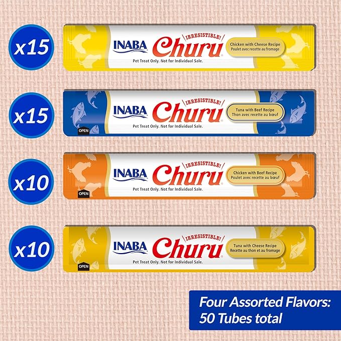 INABA Churu Cat Treats, Grain-Free, Lickable, Squeezable Creamy Purée Cat Treat/Topper with Vitamin E & Taurine, 0.5 Ounce - 50 Count (Pack of 1), Beef & Cheese Variety
