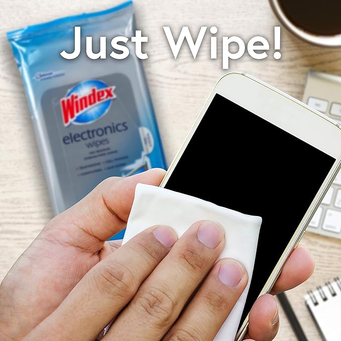 Windex Electronic Cleaning Wipes, Pre-Moistened Screen Wipes for TVs, Phones, and Other Electronics, Resealable for a Freshness Lock, 25 Count (Pack of 6)