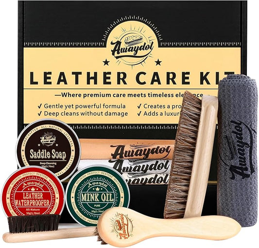 10 PCS Leather Care Kit - Horsehair Brushes,Saddle Soap,Waterproofing Wax,Mink Oil Conditioner,Polishing Cloth,Microfiber cloth,Boot Shoe Shine Cleaning Kit Gift for Men Cowboy Husband Dad ﻿