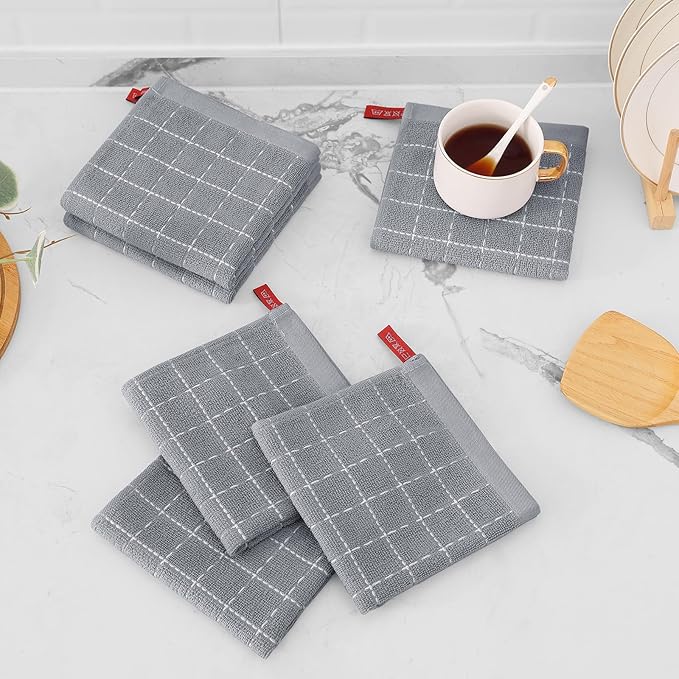 Mordimy 100% Cotton Terrycloth Kitchen Towels and Dishcloths Sets, Soft and Absorbent Checkered Dish Towels, Quick Drying Dish Rags for Washing Dishes, 4 Pack 12" x 12" & 4 Pack 12" x 12", Light Grey