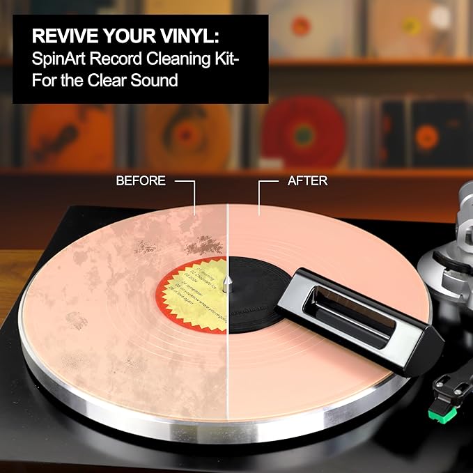 SpinArt Vinyl Record Cleaning Kit, 8-in-1 Record Cleaner Kit with Velvet Brush, Cleaner Liquid, Stylus Brush & Gel, Mini Brush, Air Blower, Label Protector, Pouch Vinyl Cleaning Kit for LP Albums