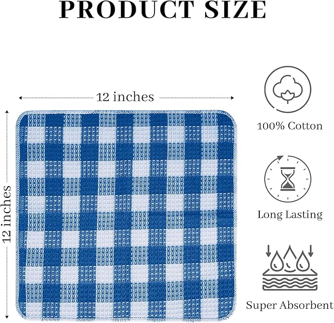 Blue Needles Waffle Weave Check Plaid Dish Cloths, 12x12 Inches 100% Cotton Set of 6 Dish Towels for Kitchen, Ultra Soft & Absorbent Kitchen Towels for Quick Drying Spring Summer - Sky Blue & White