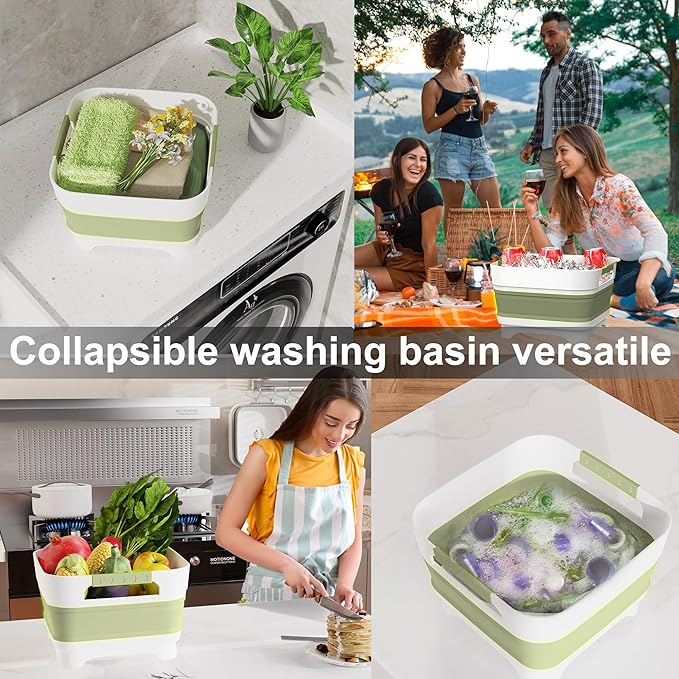 2.4 Gal Collapsbile Wash Basin with Drian Plug,9L Dish Pan for Soaking Baby Bottles,Portable Sink, Multiuse Foldable Bucket,Ice Beverage Tubs for Camping, Vegetable Washing, RV (Green)