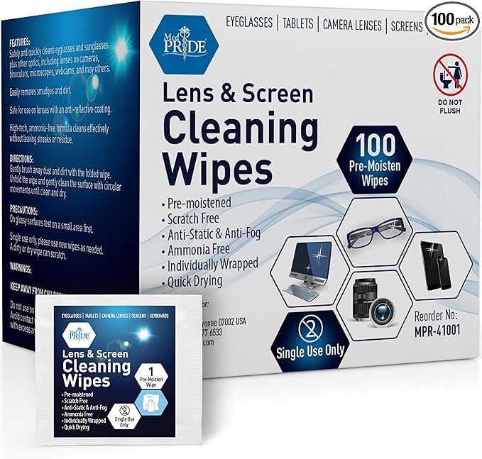 MED PRIDE Lens and Screen Cleaning Wipes for Eyeglasses, Touch Screens, Cameras, Anti-Fog, Scratch-, Anti-Static (100 100 Count (Pack of 1))
