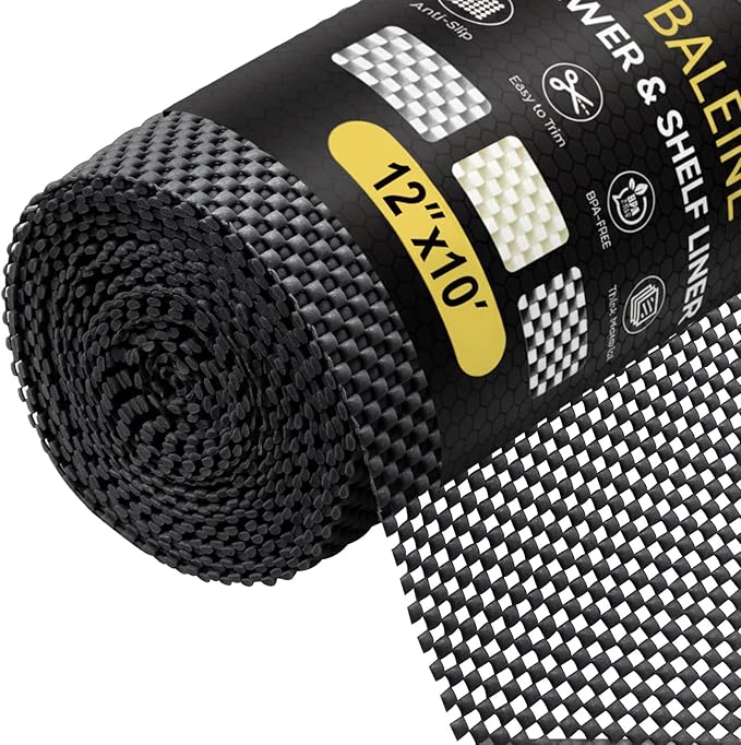 BALEINE Cabinet Liner, 12 in x 10 Ft Drawer and Shelf Liner for Kitchen Cabinets Non-Adhesive, Non-Slip Protect Desks, Cupboard, Drawers, Shelves, Tableware (Black)