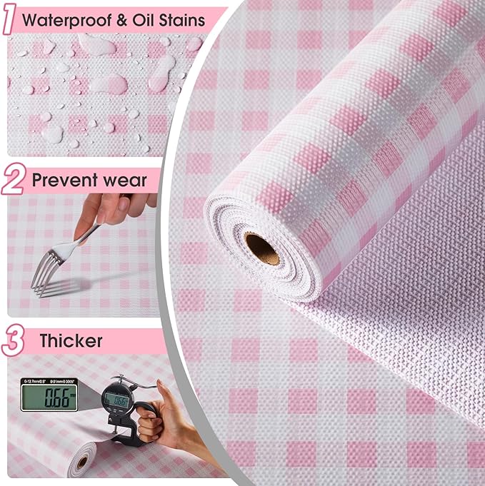 Drawer and Shelf Liner, Non-Slip Kitchen Cabinet Liners Non-Adhesive Thick Strong Grip Waterproof Washable Mats Protect Dresser Shelves Cupboard Bathroom Cabinets, Pink Plaid, 18 in X 20 FT