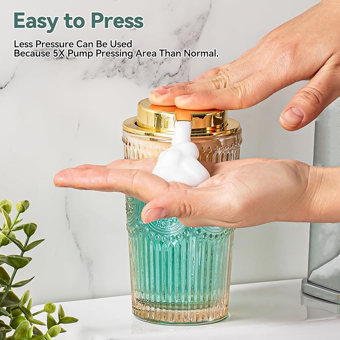 Gold Glass Foaming Soap Dispenser - Hand Soap Foam Dispenser for Bathroom, 10 OZ Refillable Dish Liquid Foam Hand Wash Dispenser for Kitchen