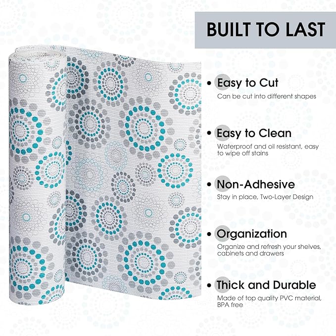 Drawer and Shelf Liner, Non-Slip Kitchen Cabinet Liners Non-Adhesive Thick Strong Grip Waterproof Washable Mats Protect Dresser Shelves Cupboard Bathroom Cabinets, Spiral, 24 in X 10 FT