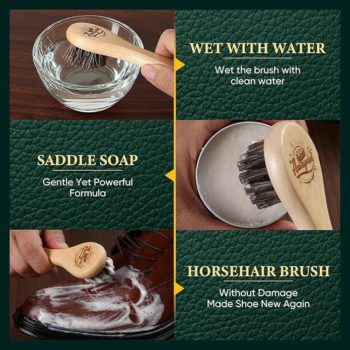Leather Boot Care Kit - Mink Oil,Saddle Soap,Horsehair Brushes,Applicator & Microfiber Cloth,Flannel bag,Leather Work Boots Cleaning,Shoe boot Shine Cleaning Kit Gift for Cowboy Husband Dad