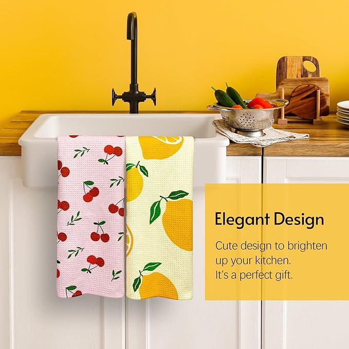 Kitchen Towels, 18" x 30" Dish Towels, Microfiber Tea Towels for Kitchen Drying, Superior Absorbency, Lemon Cherry Series, 2-Pack