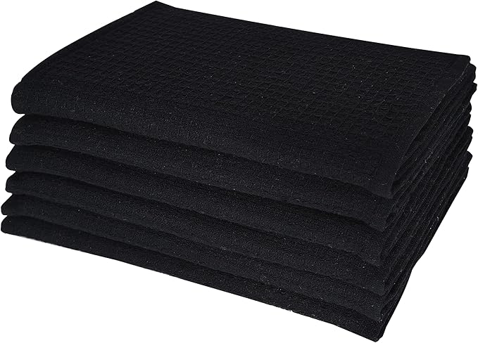 Dish Towels|Kitchen Dish Cloths Two-Sided Waffle Terry|13x28 Inches 100% Cotton Dish Rags Washing Dishes|Super Absorbent Reusable Quick Drying Dish Towels| 6-Pc Set Black