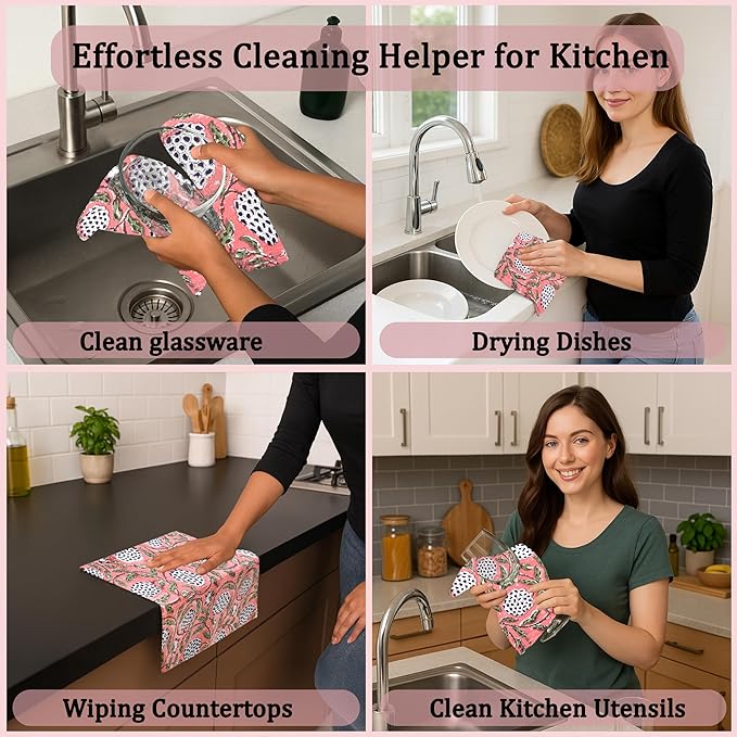 Ridhi Dark Salmon Pink Hand Block Print Cotton Waffle Dish Cloth Set of 6-12x12 Inch Super Absorbent, Soft, Reusable Kitchen Towels for Dish Drying Cleaning, Ideal for Spring, Easter, Valentine