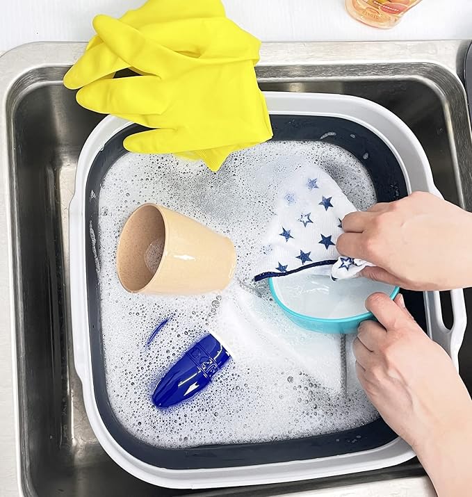 SAMMART 10L (2.64 gallon) Collapsible Dishpan with Draining Plug - Foldable Washing Basin - Portable Dish Washing Tub - Space Saving Kitchen Storage Tray (Grey/Slate Grey)