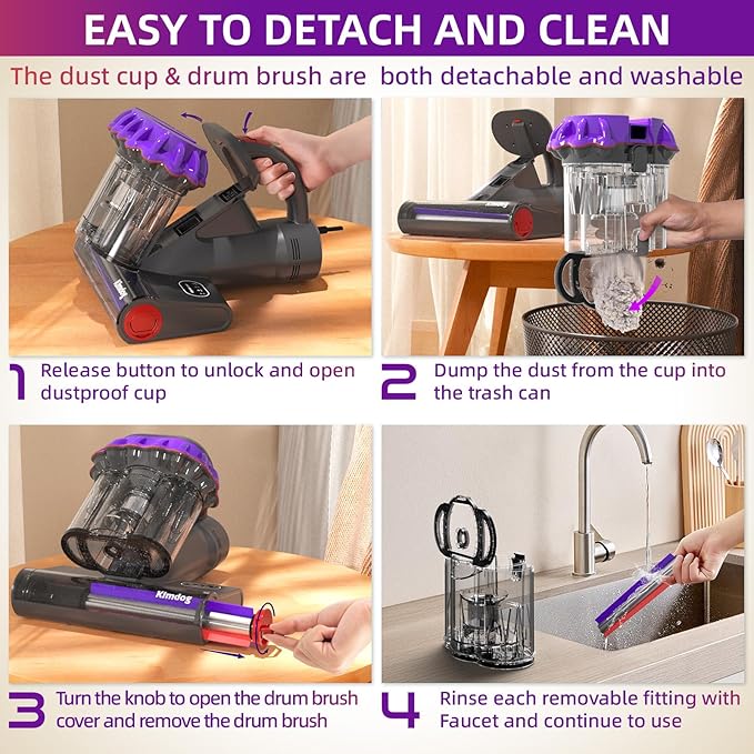 Mattress Vacuum Cleaner - 16Kpa Bed Vacuum with 253.7nm UV-C Light, 140°F Heat Ultrasonic & Hepa Filter, 500W Handheld Couch Cleaner with 3L Dust Cup for Pet Carpet Sofa Hair (D-Purple/Corded)