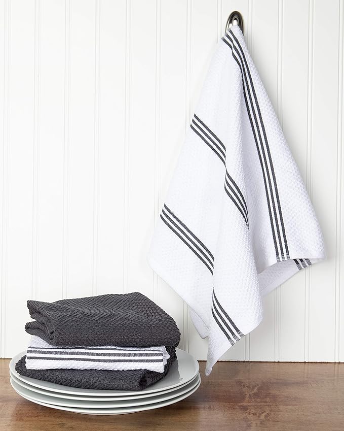 Sticky Toffee Cotton Kitchen Towels Set of 4 – Gray and White Dish Towels 28x16 in, Reusable and Absorbent Tea Towels for Drying or Cleaning, Oeko-Tex Cotton