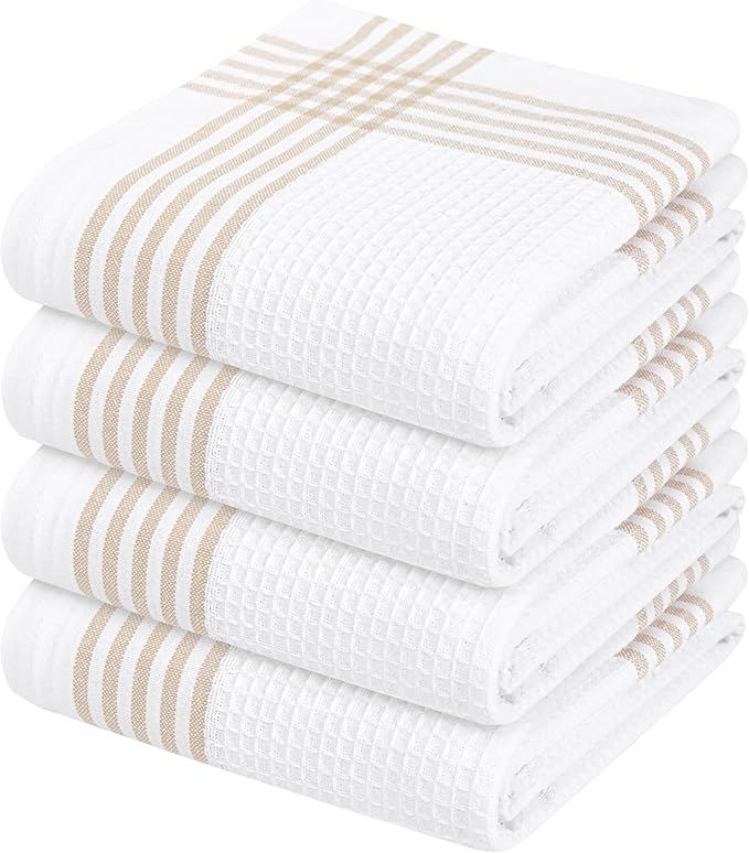 Waffle White & Beige Kitchen Dish Towels 4 Pack, 100% Cotton, 16x26 inches, Durable Dish Cloths Set, Quick Dry Kitchen Rags, Everyday Use Cooking and Cleaning Hand Towels, Bar Towel