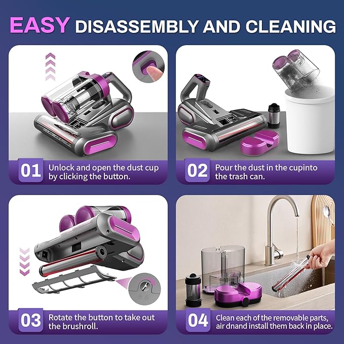 Cordless Mattress Vacuum Cleaner, 16kpa Bed Vacuum Cleaner with 253.7nm Uv-C Light & Ultrasonic Tech Dual Bins for Dust & Widen Suction Port 120w for Bed Sofa & Pet Hair(Purple)