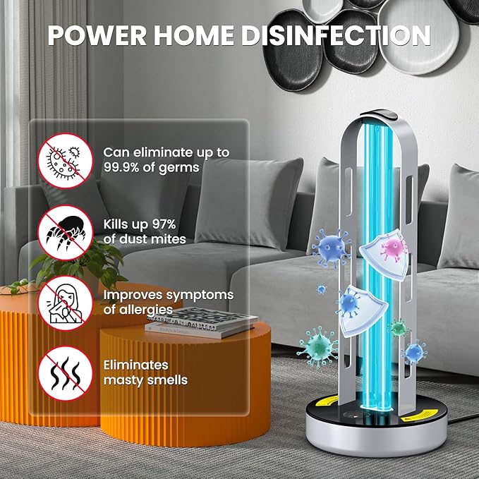 UV Light Sanitizer, 100W Ultraviolet Lamp with Remote Control for Bed Bugs and Dust Mites, Home Disinfection Device UV Lamp with Motion Sensor,3 Speed Timings for Home, Room & Kitchen