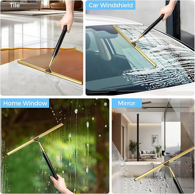 59.5" Long Handle Window Squeegee with Extension Pole, 12.4" Wide Metal Shower Squeegee for Glass Doors, Floor Squeegee for Home Window Cleaning, Tile Wall, Car (Gold)