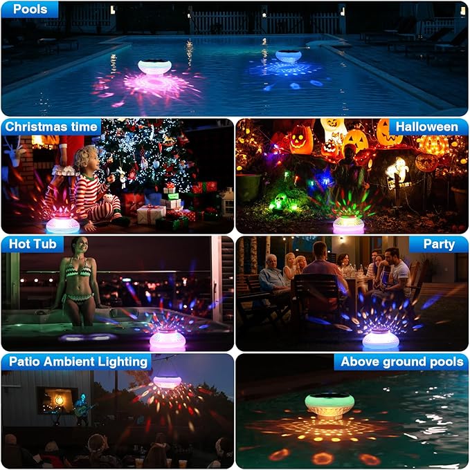 Solar Pool Chlorine Floater, USB Rechargeable Floating Pool Lights, 2600mAh 6.69” IP68 Waterproof Floating Chlorine Dispenser,13 Color Modes Adjustable Release Solar Chlorines Floater 4 Pack
