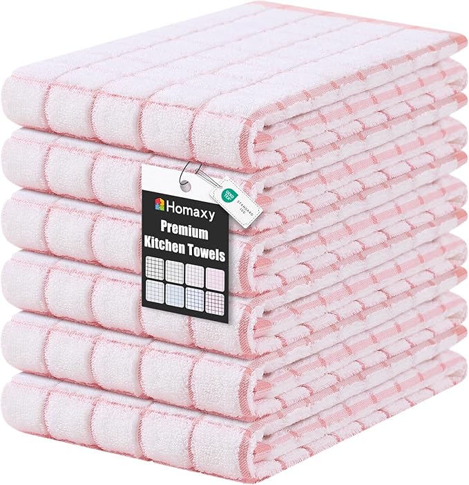 Homaxy Premium Kitchen Towels(16”x 28”, 6 Pack), Large Ring Spun Cotton Dish Towels, Super Absorbent Soft Terry Kitchen Hand Towels, Check Design Tea Towel Set with Hanging Loop, Pink