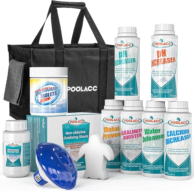 Bromine Hot Tub Starter Kit: Includes Extra-Capacity Chemicals, 50 Test Strips, Dispenser & Accessories | All-in-One Spa Maintenance Set