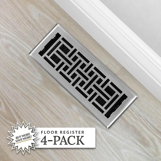 Decor Grates (4-Pack) AJH412-NKL Oriental Floor Register, 4x12 Inches, Brushed Nickel Finish