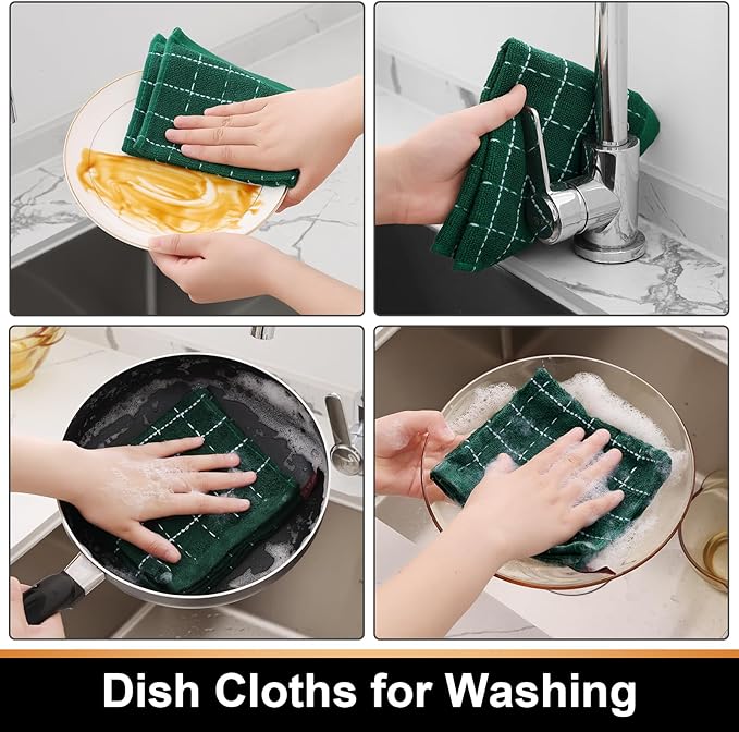 Mordimy 100% Cotton Terry Cloth Dish Cloths, Soft and Absorbent Checkered Dish Towels, Quick Drying Dish Rags for Washing Dishes, 6 Pack, 12 x 12 Inches, Dark Green