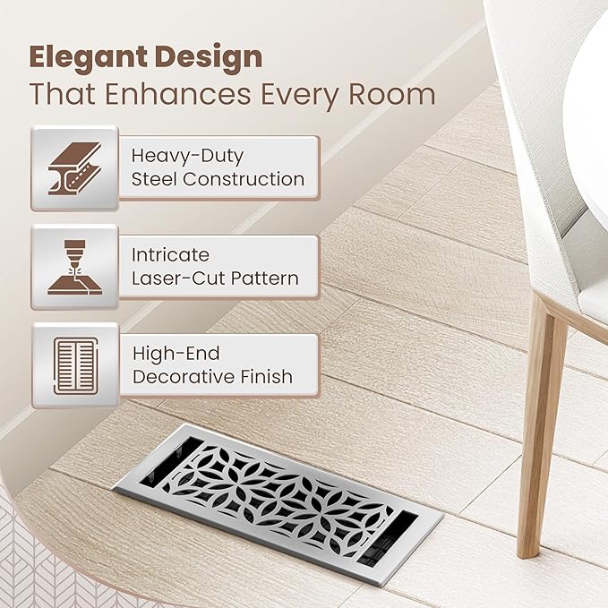 Floor Register 4x10 Vent Cover – 2 Pack – Heavy-Duty Steel, Rustproof & Walkable Grates, Drop-in Install, Adjustable Air Supply Switch - Decorative Floral Design, Brushed Nickel