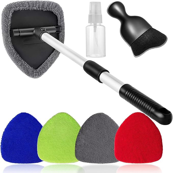 7pcs Windshield Cleaner Tool Car Window Cleaning Wash Kit with 4 Reusable Microfiber Pads 1 Spray Bottle and Extendable Handle Auto Glass Wiper Kit, Multicolor