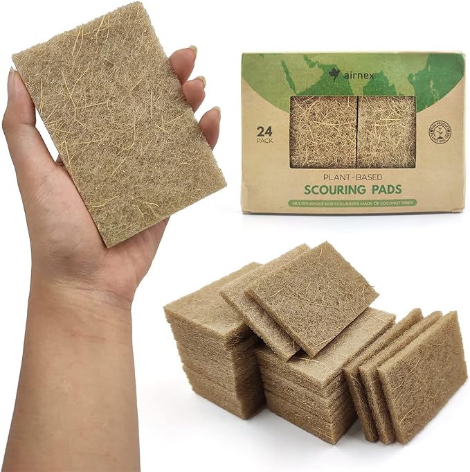 Plant Based Kitchen Scouring Pads - Pack of 24 Coconut Husk Non Abrasive Scrubbing Pads - Multipurpose Scrubbies for Dishes - Heavy Duty Dishes, Pan and Pot Scrubbers for Kitchen Non Scratch