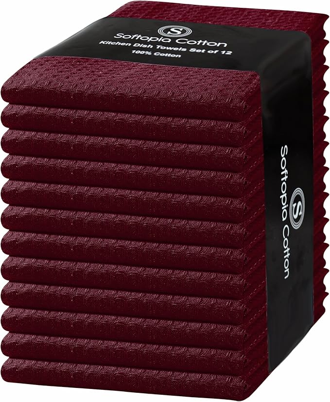 Burgundy Waffle Kitchen Dish Towels, 100% Cotton, Quick Dry, Super Absorbent, Soft, 16x26 Inches – Ideal for Dish Drying, Bar, Hand Wipe, Cleaning, and Everyday Use, 12 Pack, Maroon