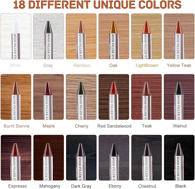 SEISSO Wood Filler Stick, 18 Colors Furniture Crayons for Scratches, Furniture Scratch Repair Wax Filler Stick, Perfect for Restore Hardwood Floor, Holes, Crack, Laminate, Carpenters, Tables, Desks