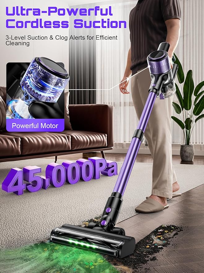 Cordless Vacuum Cleaner, 45KPA /10-in-1 Stick Vacuum with 29-inch Hose, 45Mins Runtime Vacuum Cleaners for Home, Anti-Tangle Brush, Lightweight Rechargeable Vacuum for Hardwood Floor Carpets