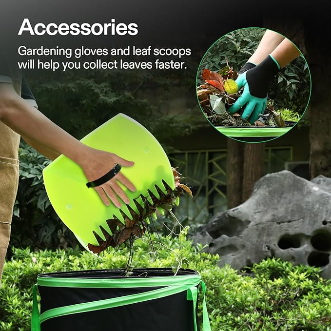 VIVOSUN 47-Gallon Collapsible Garden Bag, Yard Waste Bin with Hard-Shell Bottom, Leaf Scoops and Gloves, Collapsible Yard Waste Containers for Lawn Care and Camping