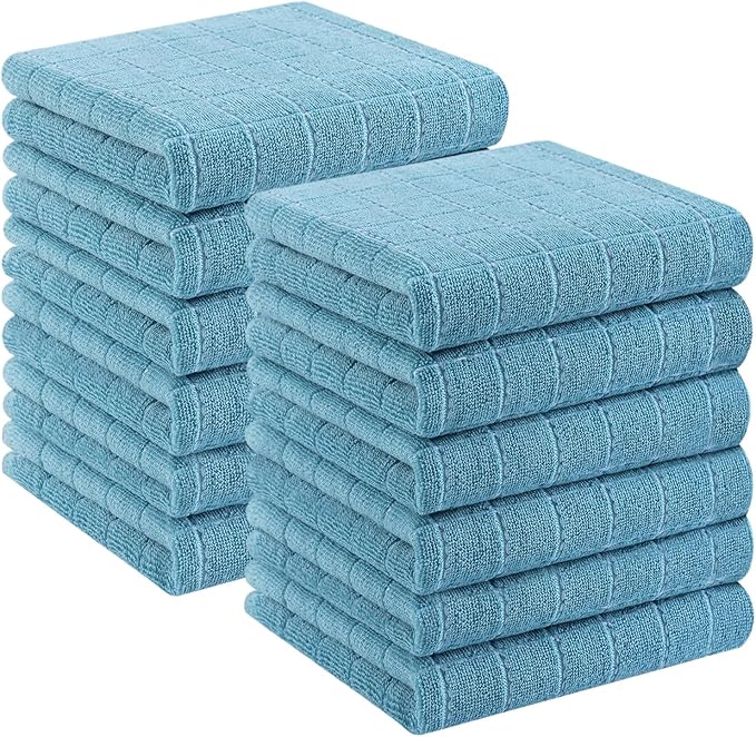 Homaxy 100% Cotton Terry Kitchen Towels(Lake Blue, 13 x 28 inches), Checkered Designed, Soft and Super Absorbent Dish Towels, 12 Pack
