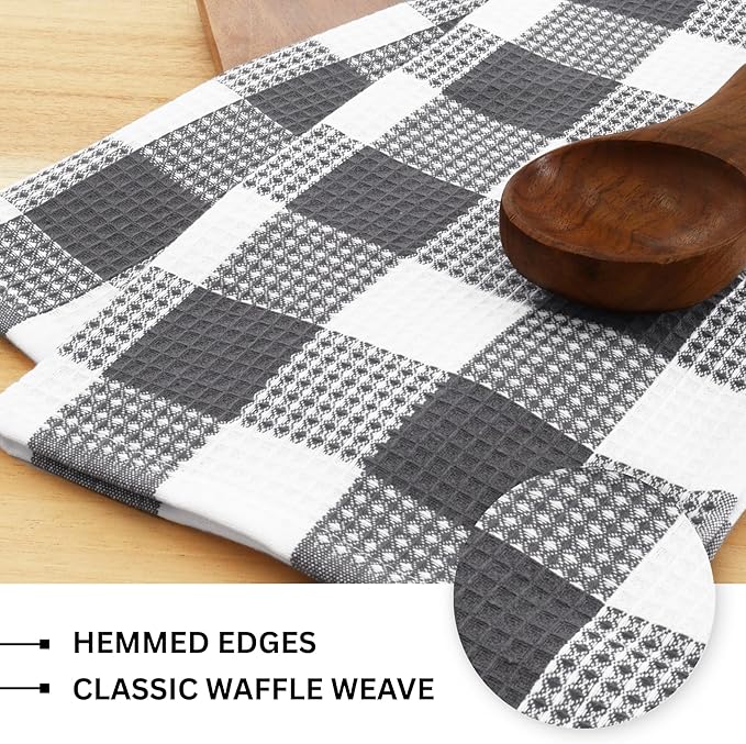 PurpleEssences 100% Cotton Waffle Weave Check Plaid Kitchen Towels, Super Soft and Absorbent Dish Towels for Drying Dishes 15 x 25-4 Pack - Christmas Holiday Winter - Steel Grey and White