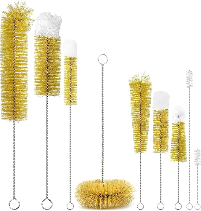 9-Pack Thin Long Handle Bottle Brushes, Stainless Steel Wire Cleaners with Boar Bristle & Wool Tip, Flexible Narrow Neck Cleaner for Wine Bottles, Tubes, Straws, Pipe, Hose & Decanter