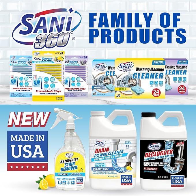 SANI 360° Hard Water Stain Cleaner (32 oz) 60 second multi-surface sealant and cleaner. Reduces buildup, calcium, limescale, rust, and soap scum. Lemon scent MADE IN USA