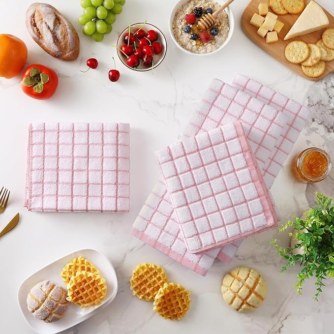 Homaxy Premium Kitchen Towels(16”x 28”, 6 Pack), Large Ring Spun Cotton Dish Towels, Super Absorbent Soft Terry Kitchen Hand Towels, Check Design Tea Towel Set with Hanging Loop, Pink