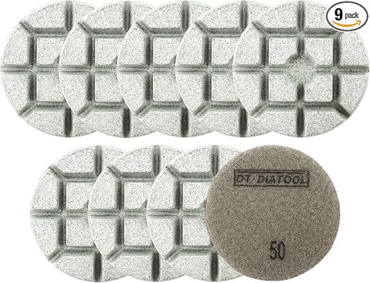 DT-DIATOOL 3 Inch Diamond Polishing Pads, 9pcs #50 Wet Polishing Hook and Loop Pads for Concrete Countertop
