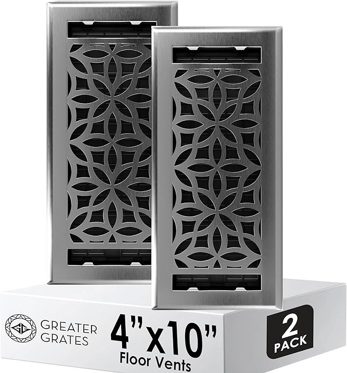 Floor Register 4x10 Vent Cover – 2 Pack – Heavy-Duty Steel, Rustproof & Walkable Grates, Drop-in Install, Adjustable Air Supply Switch - Decorative Floral Design, Brushed Nickel