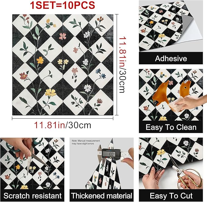 10PCS 12x12 Inch Floral Checkerboard Peel and Stick Floor Tiles Removable Self Adhesive Vinyl Flooring Stickers for Kitchen Entryway Studio Home Decor