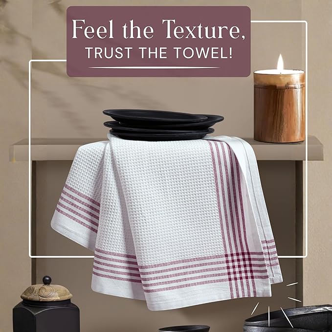 Waffle White & Burgundy Wine Dish Towels Set of 12, 100% Cotton, 16x26 inches, Reusable Cleaning Cloths for Drying Dishes, Quick Dry Kitchen Towel, Durable for Heavy-Duty Use