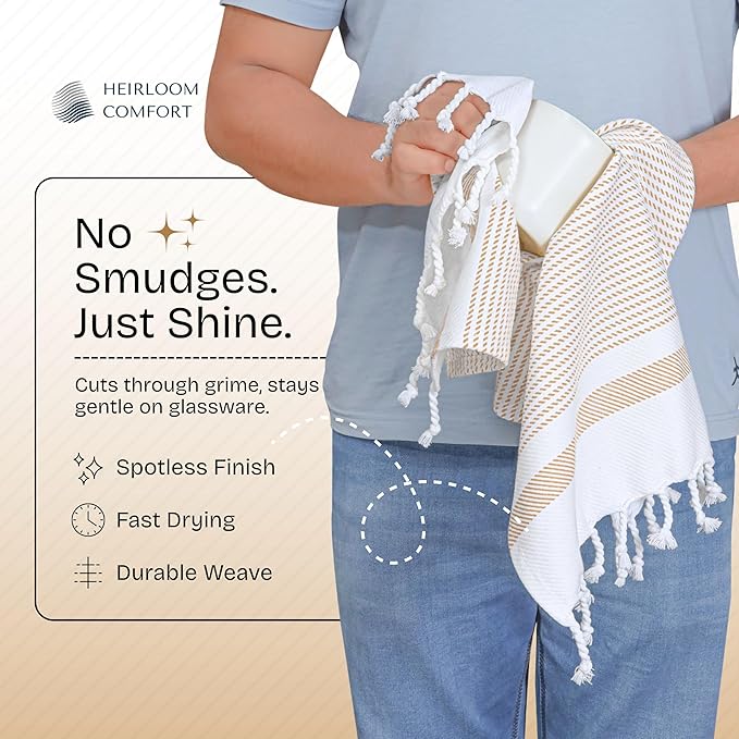 Beige Turkish Kitchen Towels 16x26 Inch, 3 Pack, 100% Cotton, Ultra Absorbent, Soft, Fast Dry, Machine Washable, Dish Towel with Tassels for Drying Dishes, Cleaning, Everyday Use